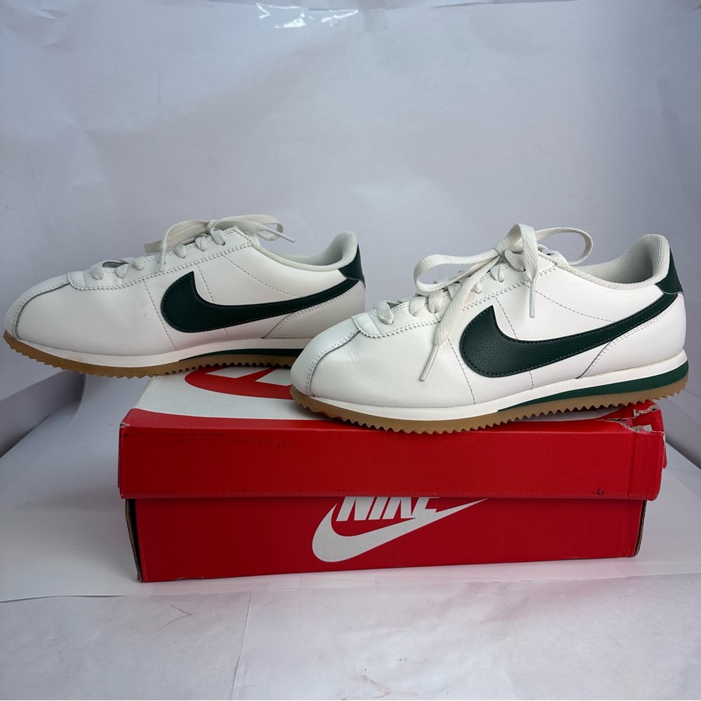 New Nike Cortez Leather Sneaker in Sail, Fir, Gum Yellow, & Black shoe - Picture 4 of 8